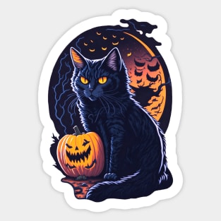 Halloween Black Cat with Pumpkin - Retro Meowloween Sticker